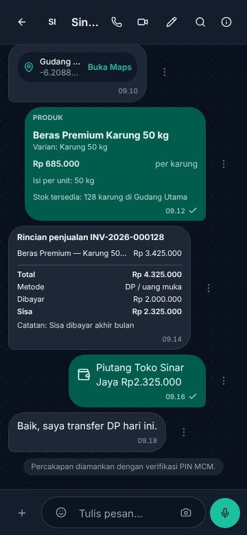 Ruang chat TL berisi pesanan dan catatan utang